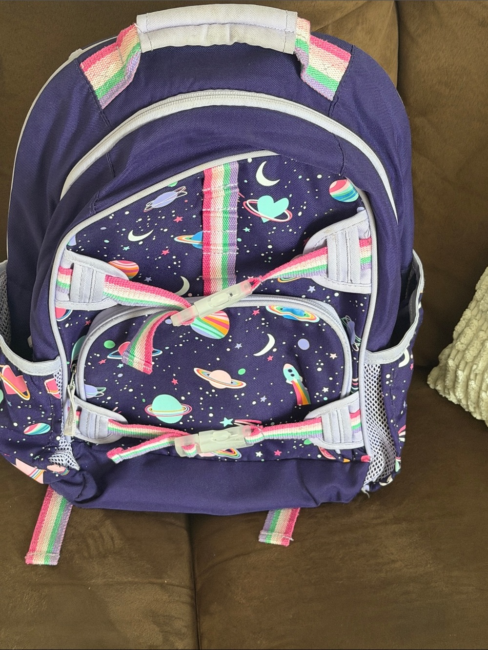 Pottery Barn Kids Navy Purple Space Print Backpack with Rainbow Straps